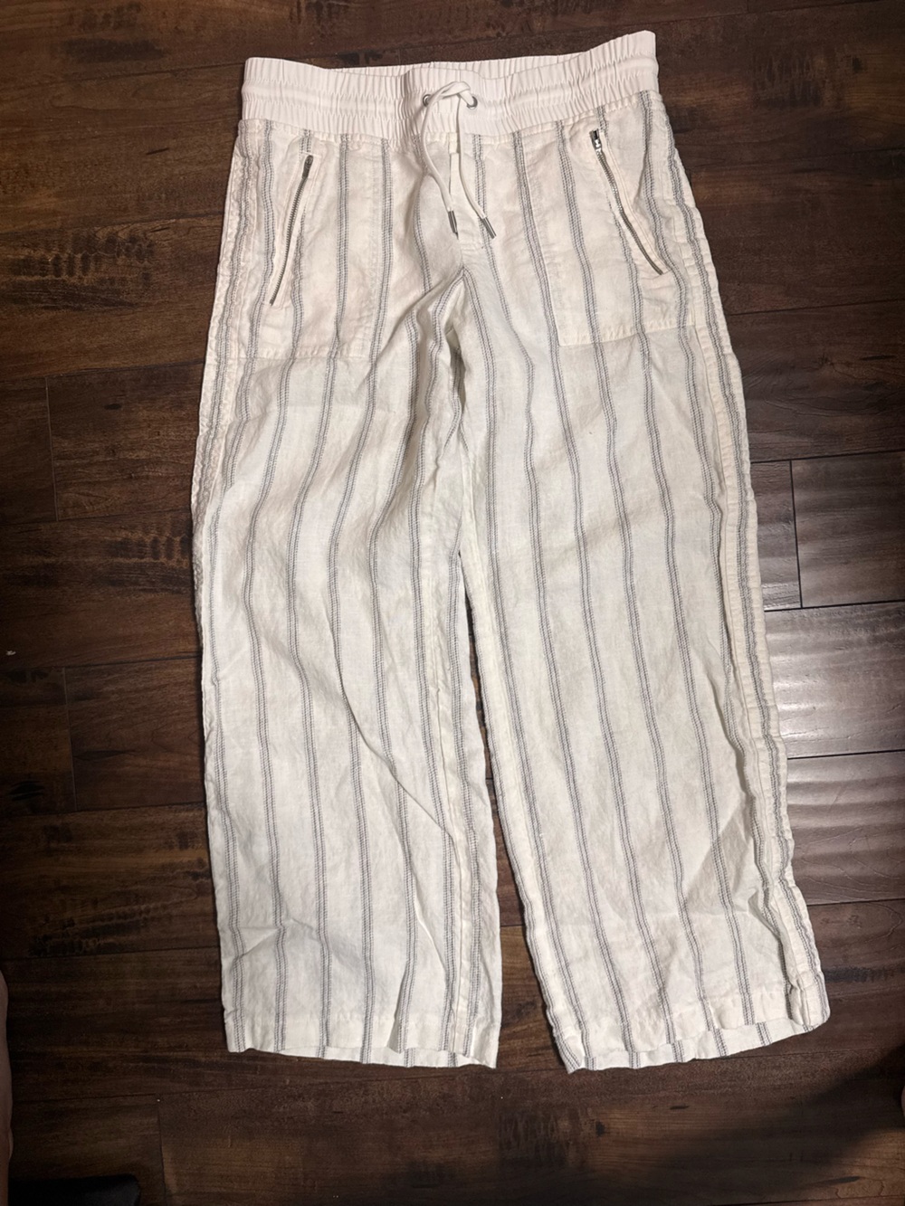 Athleta White Linen-Blend Stripe Drawstring Pants